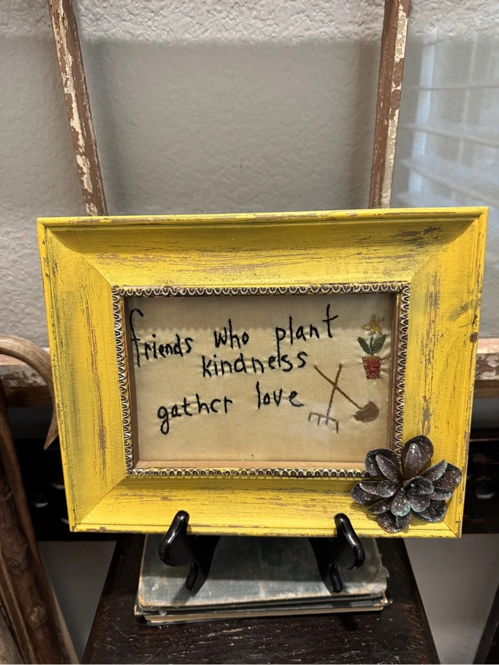 Yellow Rustic Frame with 'Friends Who Plant Kindness' Embroidery